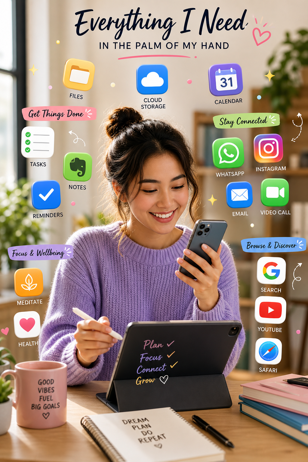 Pessoa utilizando ferramentas digitais para uso pessoal em celular e tablet