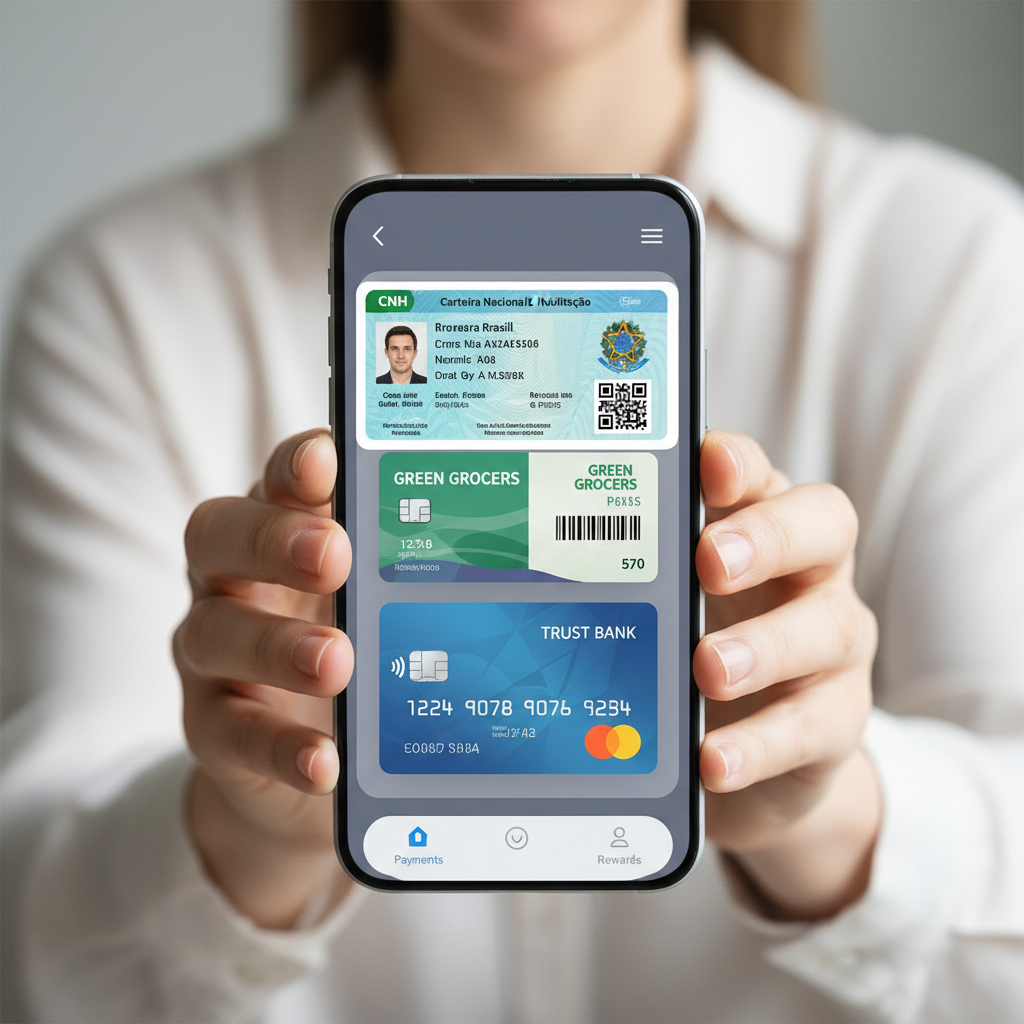Smartphone com diversos documentos e cartões em uma tela de carteira digital