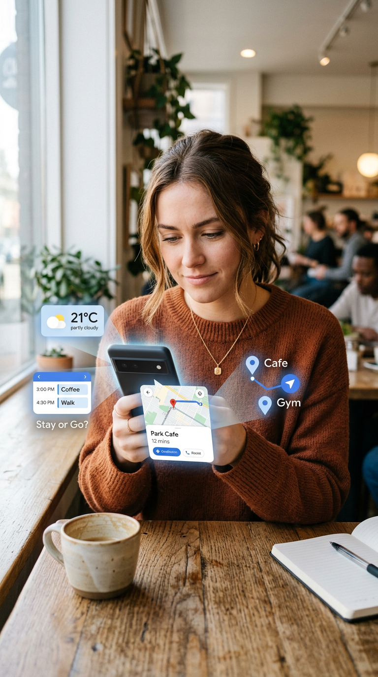 Tecnologia para pequenas decisões diárias: pessoa usando celular com ícones de aplicativos