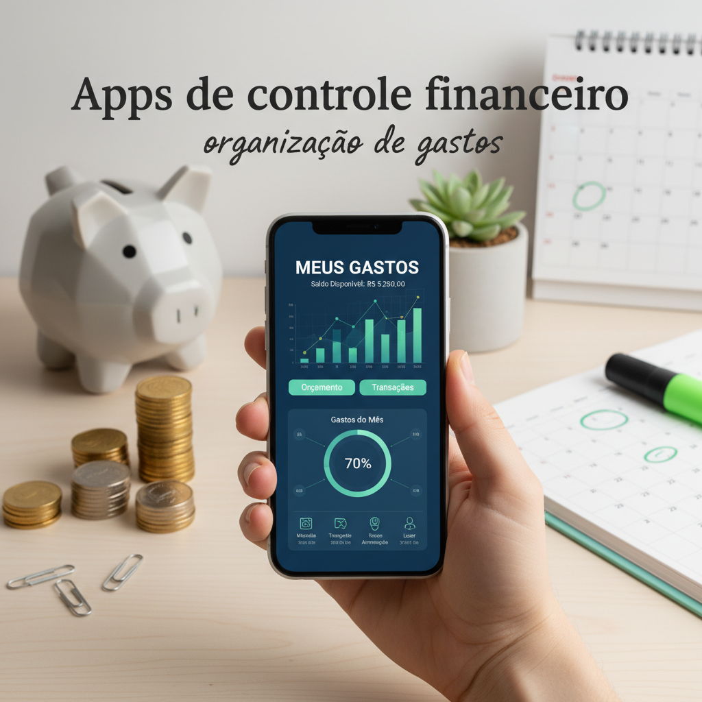 Mulher usando apps de controle financeiro no celular para organizar gastos