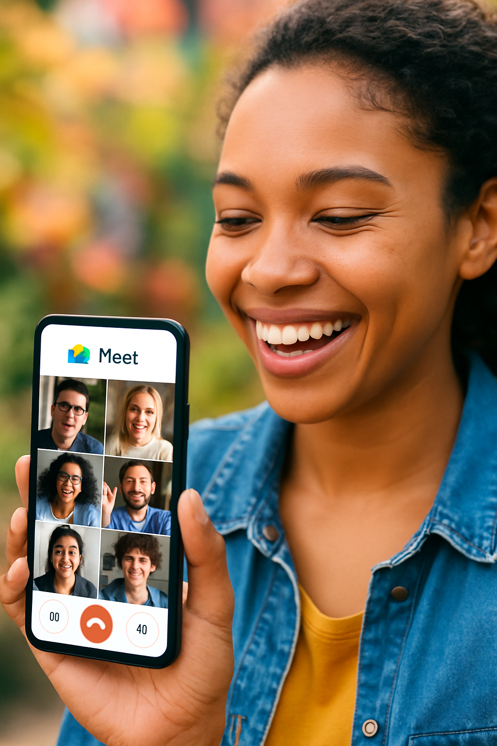 Pessoa usando Google Meet no celular para videochamada