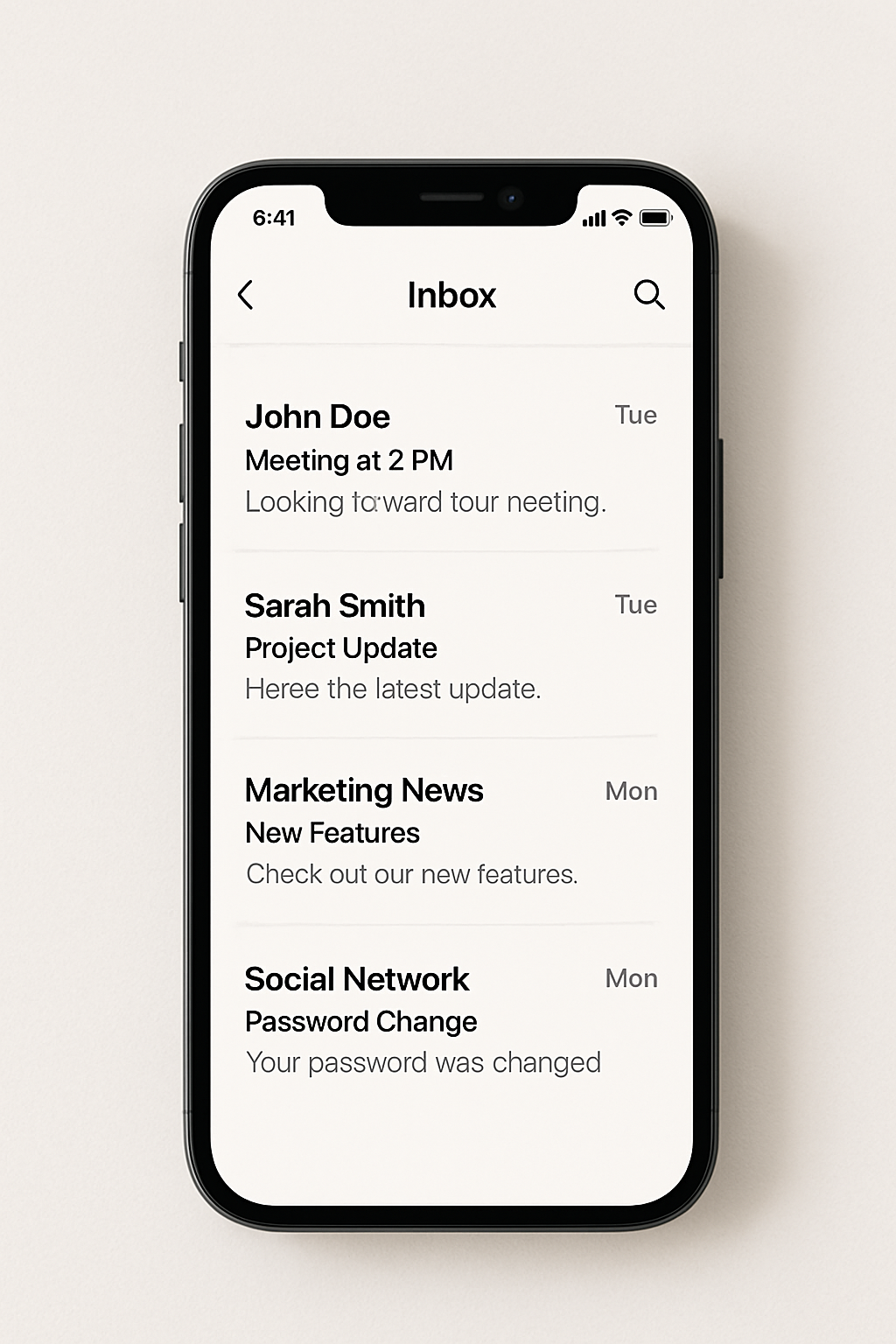 Caixa de entrada de e-mail organizada em um celular, representando e-mail organizado.