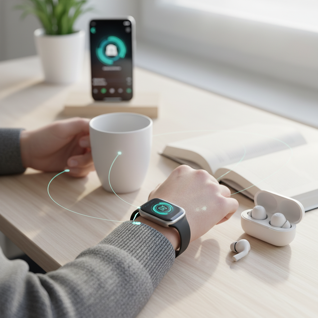Wearables modernos: smartwatch, fone inteligente e celular, mostrando conectividade e facilidade de uso.