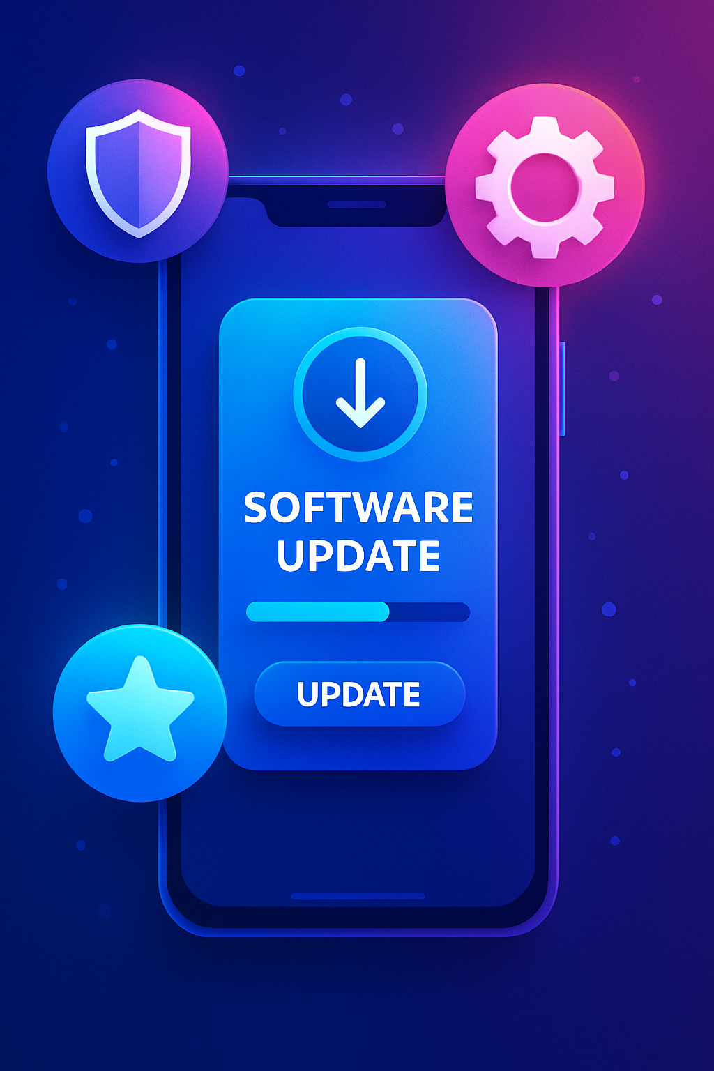 Ilustração vertical de um smartphone com notificação de Atualizações de software, ícones de segurança e novas funcionalidades.