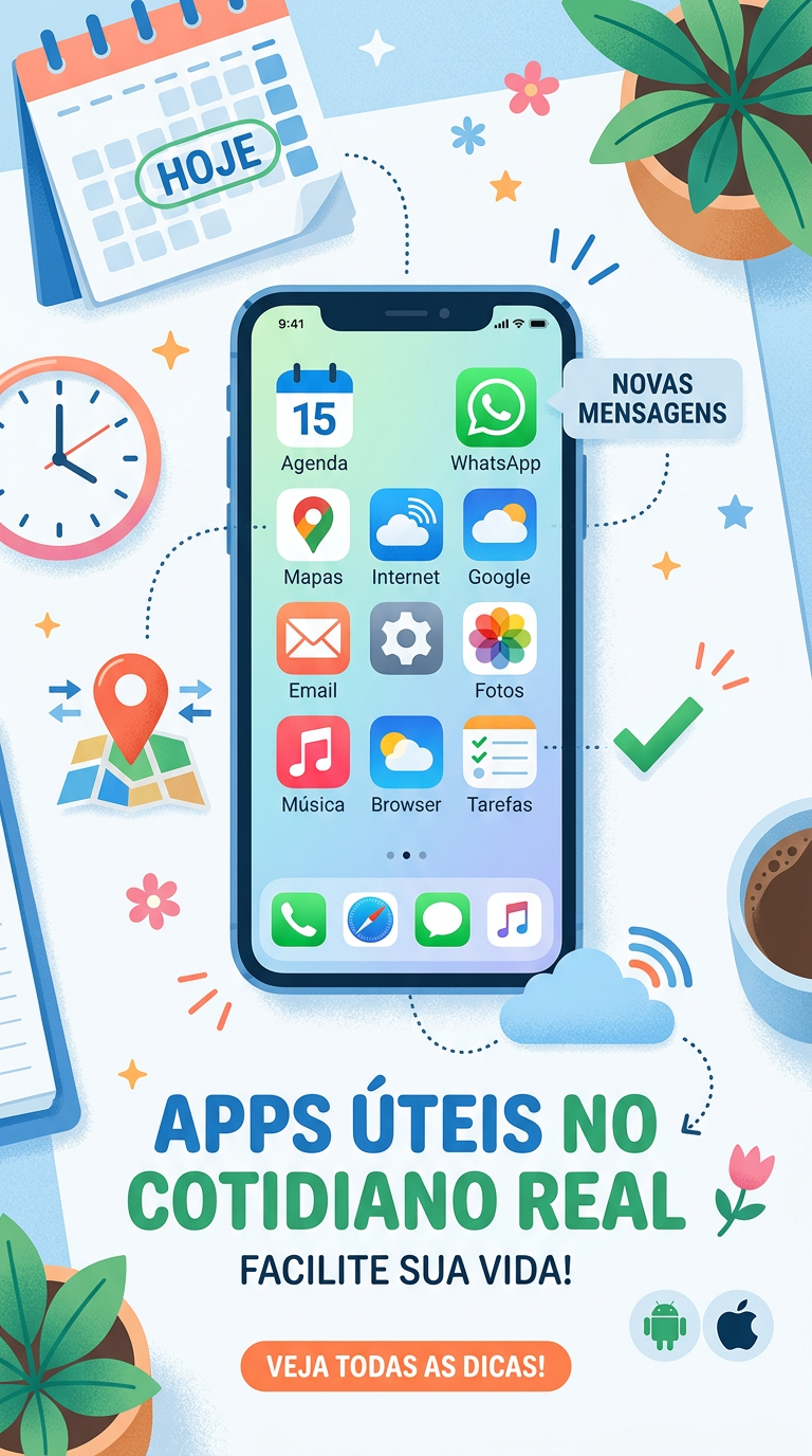 Smartphone com ícones de apps úteis no cotidiano real