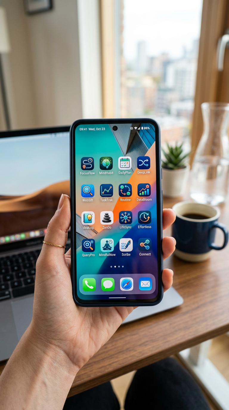 Smartphone com ícones de apps úteis que quase ninguém usa, foco em produtividade e navegação
