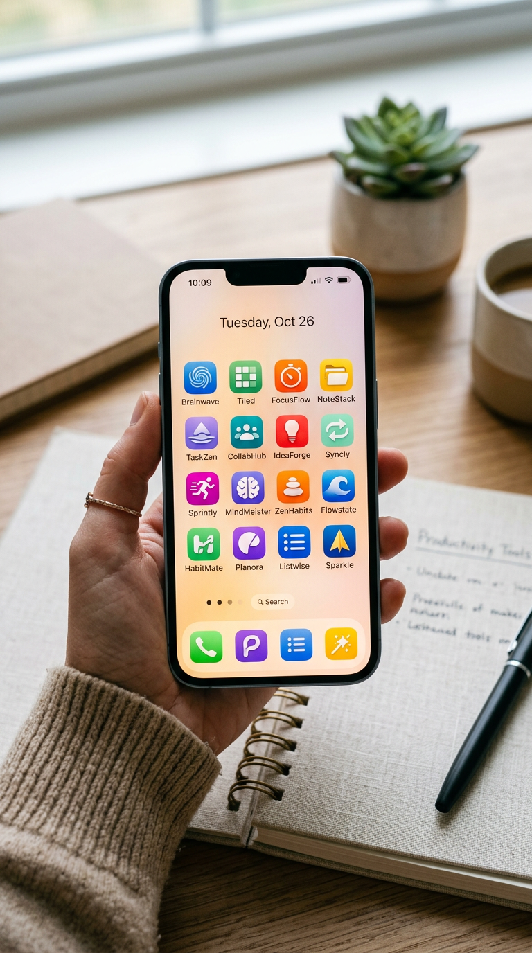Smartphone com ícones de apps pouco explorados para produtividade