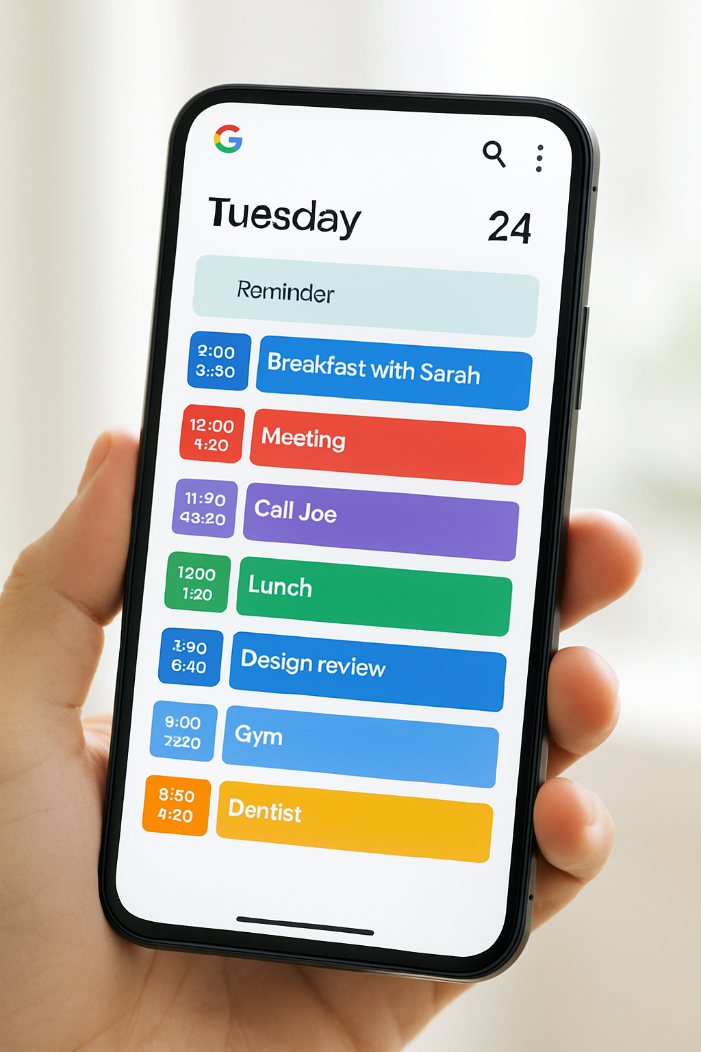 Tela de celular mostrando o Google Agenda com compromissos e lembretes