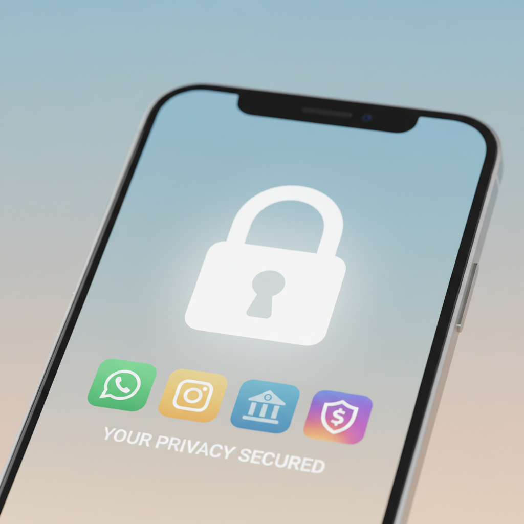 Bloqueio de apps em celular com cadeado e ícones de aplicativos