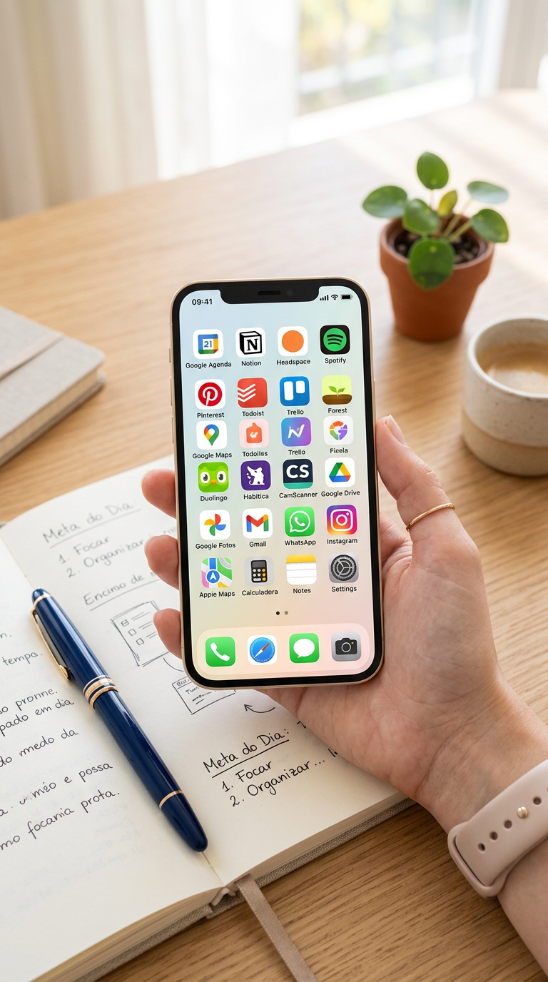 Top 7 Apps para Melhorar o Dia a Dia no Seu Celular (Android e iPhone) 2 Smartphone com diversos ícones de apps para melhorar o dia a dia, organizando a vida digital.