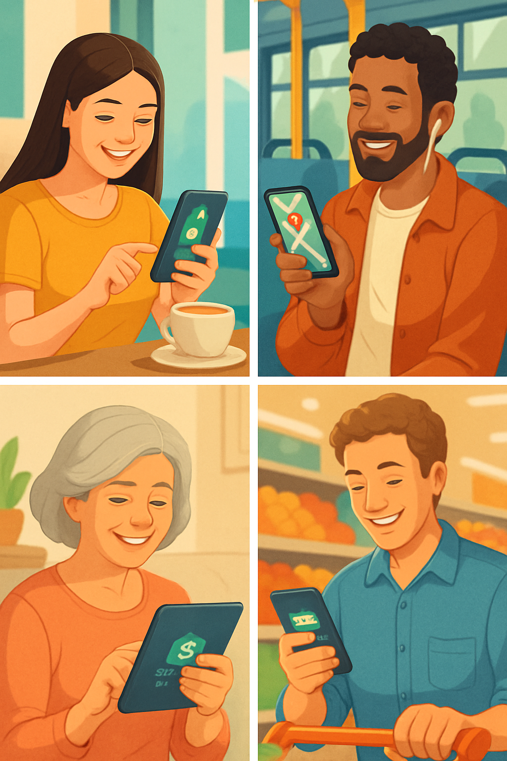Pessoas usando tecnologia funcional no cotidiano com seus celulares e tablets, em situações do dia a dia.
