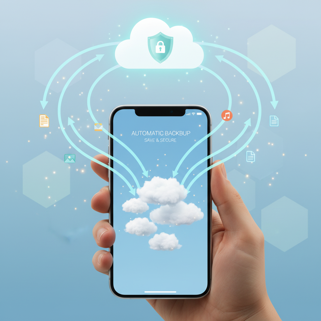 Smartphone com ícones de nuvem e escudo, representando backup automático seguro