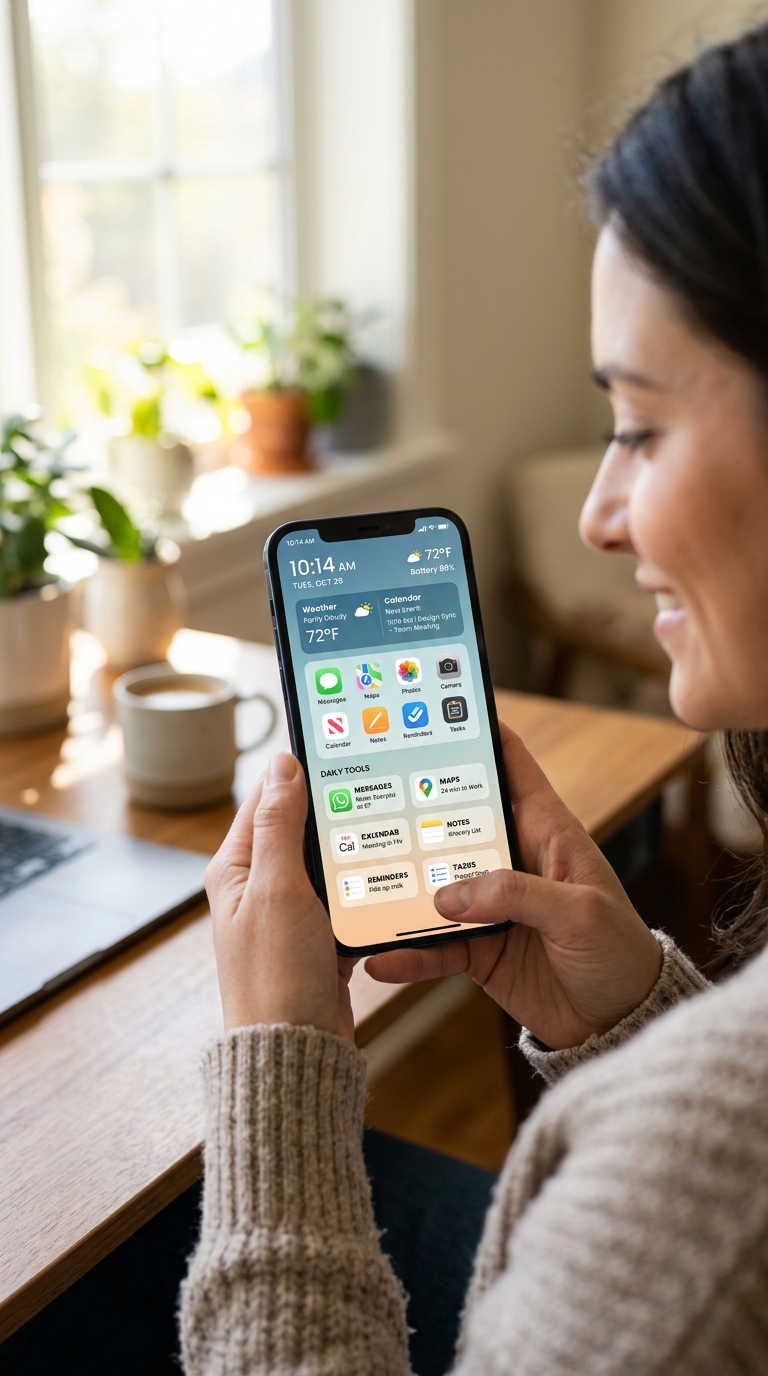 Mulher usando celular com interfaces de navegação e apps úteis, ilustrando a tecnologia que ajuda sem atrapalhar.